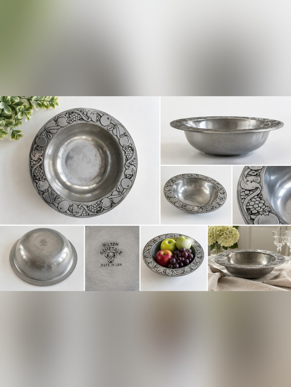 Vintage Wilton Armetale Pewter Fruit Pattern Vegetable Deep Bowl Serving Dish